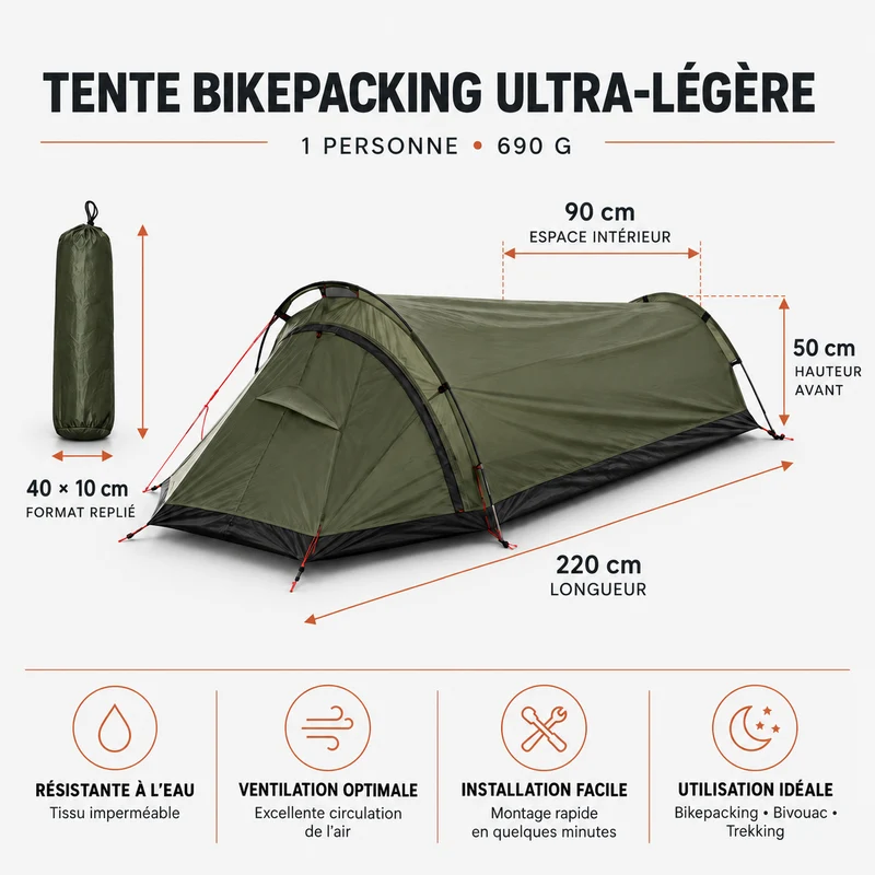 Tente vélo Bikepacking, Bivouac, Trekking de 1 place Ultra légère | 690g