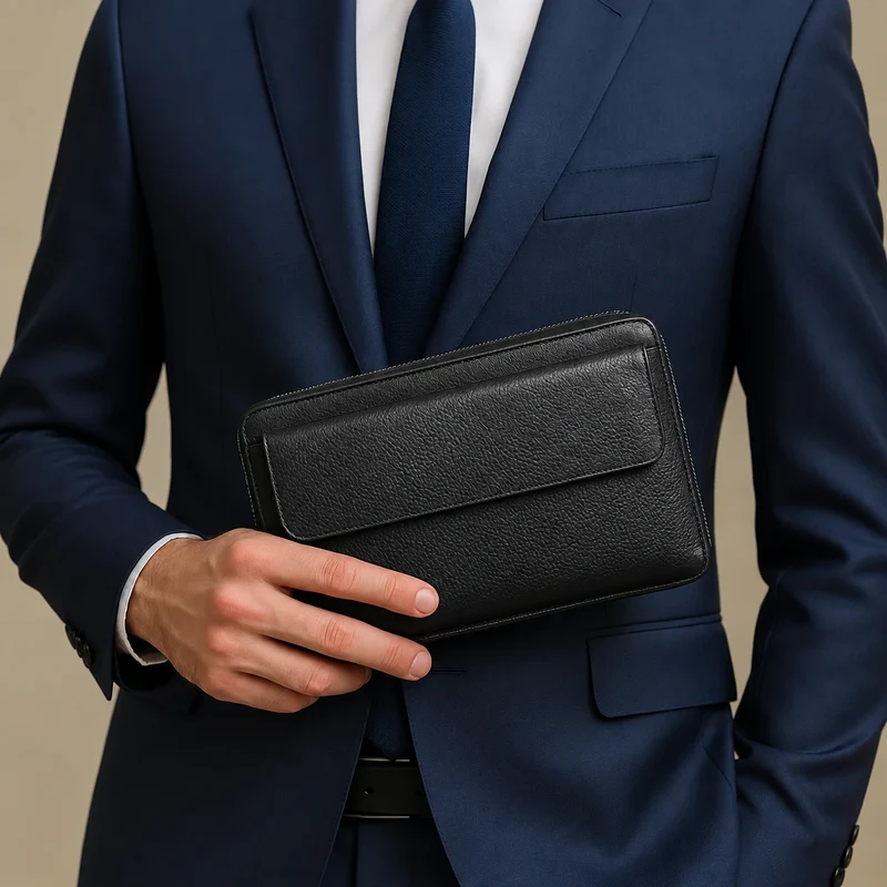 Pochette Cuir Grainé Homme Simple Zip