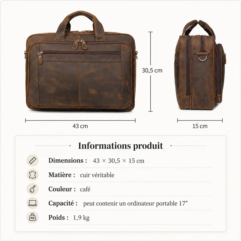Sacoche Cuir Homme Grand Format 17 Pouces
