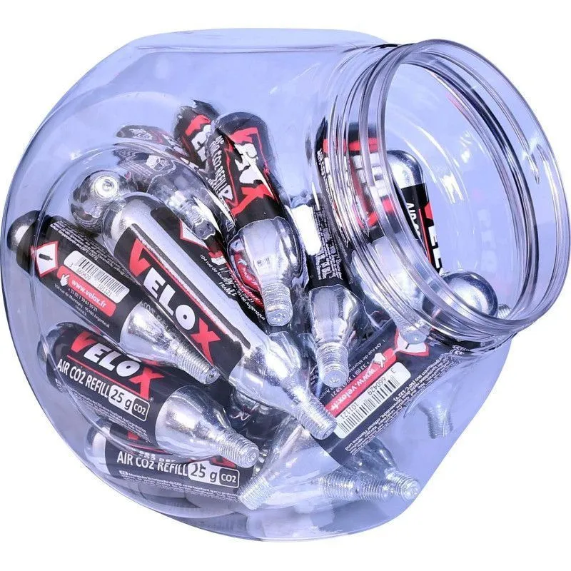 Jarre de 25 cartouches CO2 filetées 25g VELOX – Gonflage rapide vélo route, VTT, gravel