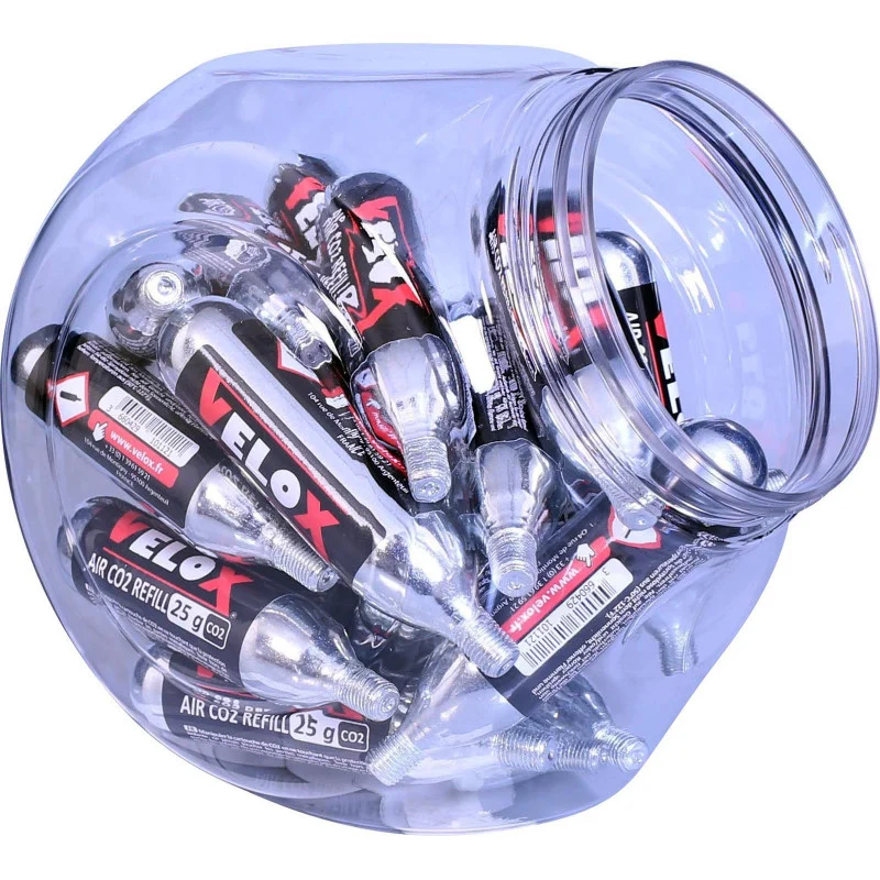 Jarre de 25 cartouches CO2 filetées 25g VELOX – Gonflage rapide vélo route, VTT, gravel