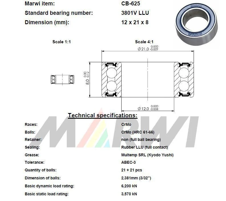 Roulement MAX CB625 (CB-625) 3801V LLU – 12x21x8mm – Double rangée, ultra résistant pour suspension VTT