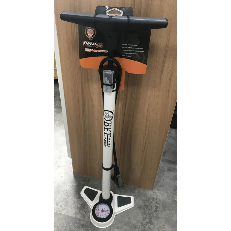 Pompe à pied vélo – Corps métal avec manomètre – Blanche – Compatible Presta & Schrader – Pression 12 bar