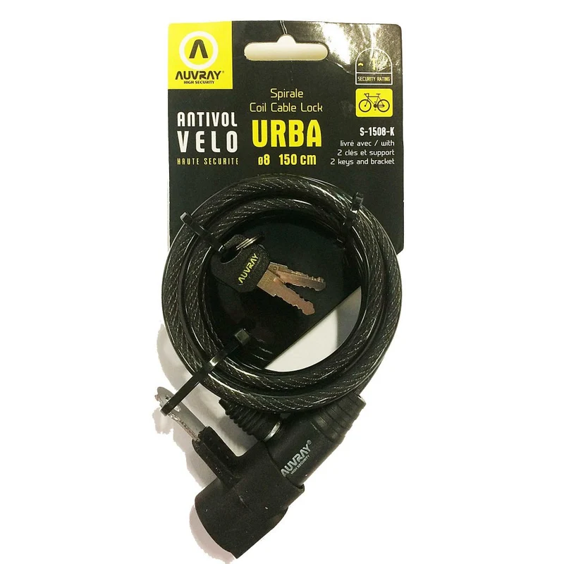 Antivol spirale Auvray – Ø8 mm x 150 cm – Avec 2 clés – Câble tressé léger pour vélo