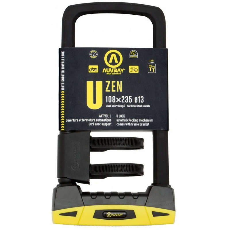 Antivol U Auvray ZEN 108 x 235 mm – Anse Ø13 mm acier trempé, ouverture automatique, support de cadre inclus