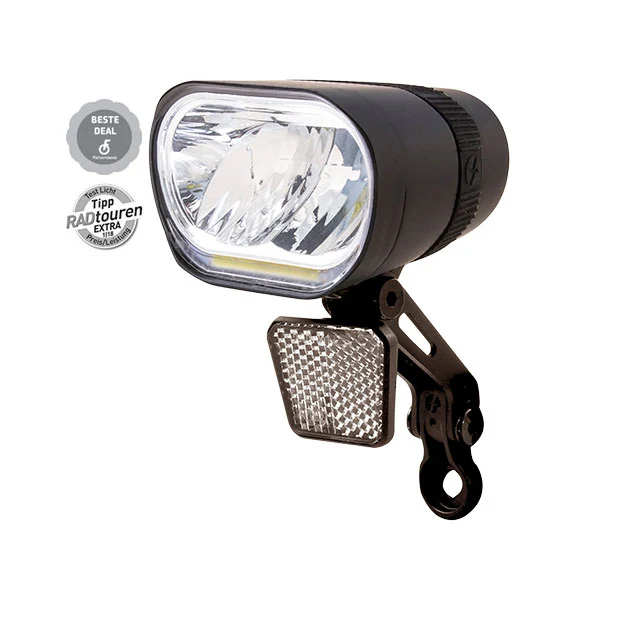 Éclairage vélo avant AXENDO 60 – 60 Lux – Dynamo – Support aluminium + réflecteur