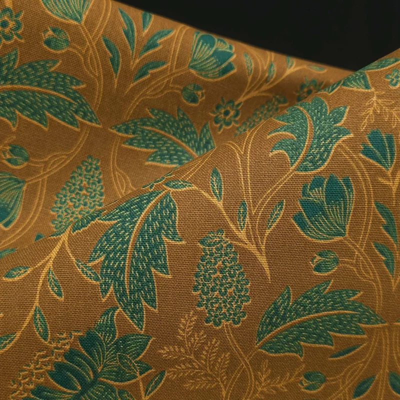 Tissu canevas de coton demi-natté | Floral botanique | Ocre et vert