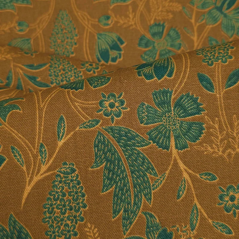 Tissu canevas de coton demi-natté | Floral botanique | Ocre et vert