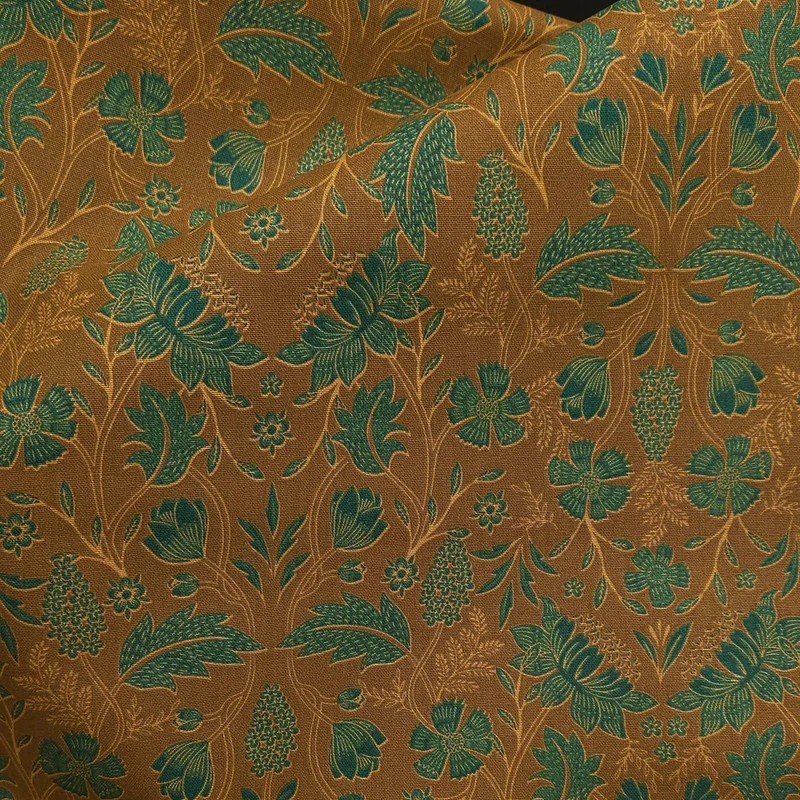 Tissu canevas de coton demi-natté | Floral botanique | Ocre et vert