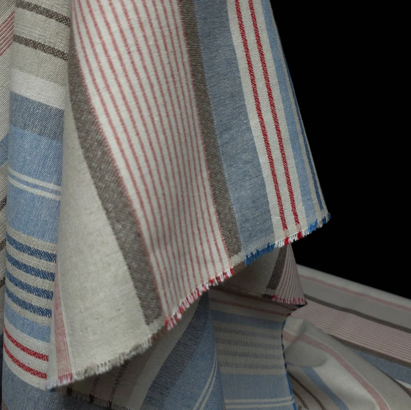 Canevas de coton recyclé tissé teint | Rayures nautiques | Bleu et rouge | Katia Fabrics