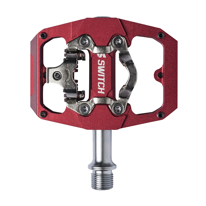 Pédale VTT Plateforme Switch Crank Flip Double Fonction Alu Cnc Rouge Filetage 9-16 Avec Picots (Paire) (Cales Shimano SPD Inclus) 85X70 mm
