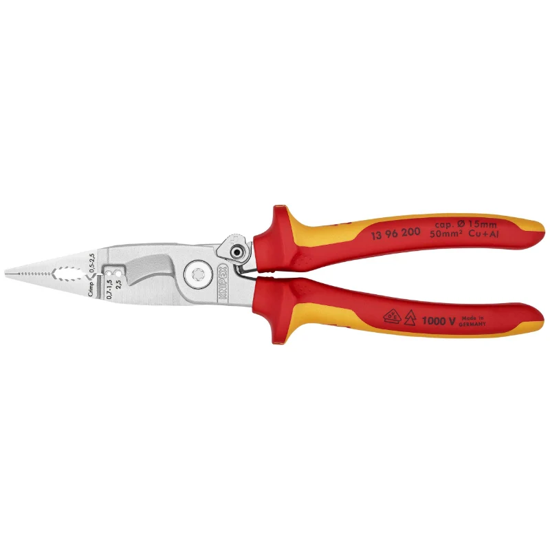 Pince Multifonction Pro Knipex Compact Chrome Pour Installation Électrique Poignée Isolee Certifiees Vde (6 Fonctions) (13 96 200) -Made In Germany -