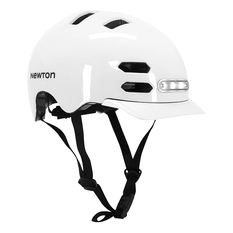 Casque Vélo Adulte Newton Urbain-City V4 Blanc Brillant In-Mold Avec Visiere Taille 58-61 (Vendu En Boite) Éclairage Intégré Discret Boucle Fidlock