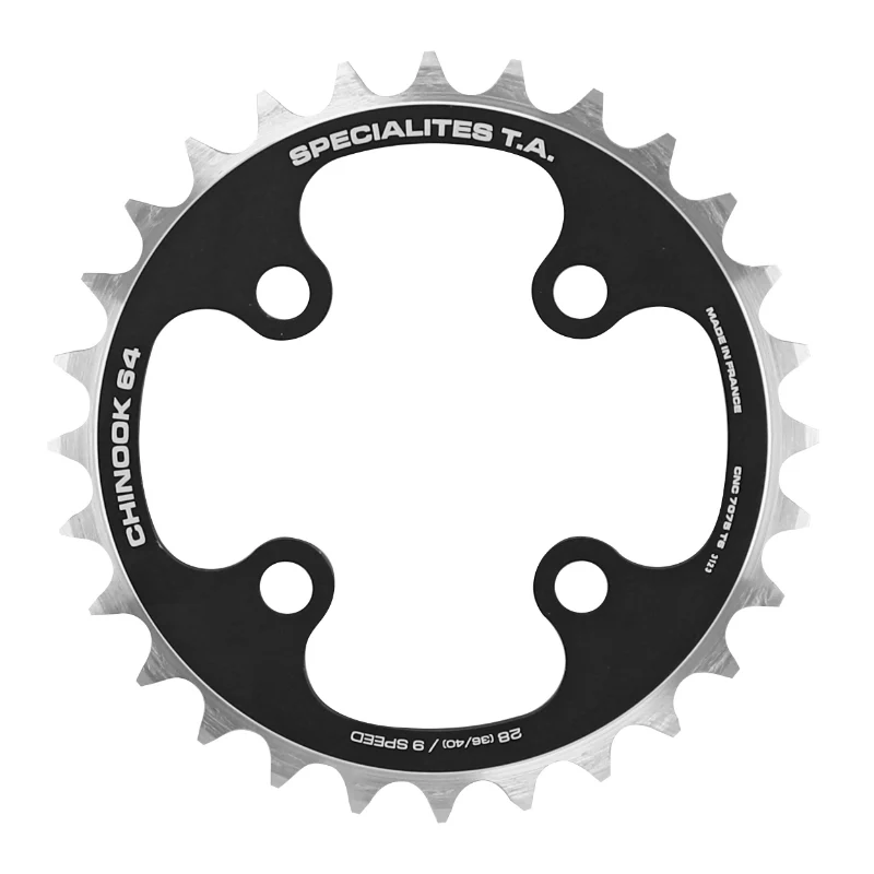 Plateau VTT 4 branches Ø 64 Ta Chinook 28 dents Intérieur Triple Noir Alu Pour Shimano - Sram - Fsa 9V.