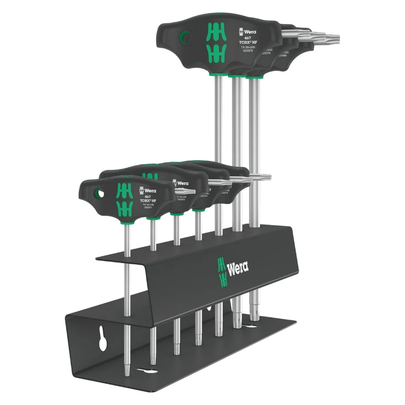 Clé Torx Manche En T Wera 467 Hf Noir-Vert (Avec Support) (Set 7 Pieces) -Marque Allemande Pour Les Ateliers-