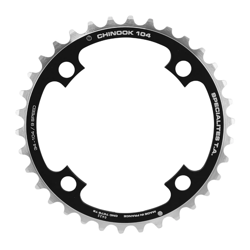 Plateau VTT 4 branches Ø 104 Ta Chinook Triple 34 dents Milieu Noir Alu Pour Shimano - Sram - Race Face - Fsa 8-9V.