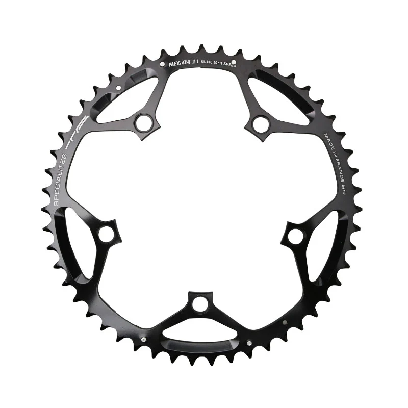 Plateau Route 5 branches Ø 130 Ta Hegoa 51 dents Extérieur Noir Alu 7075 Type Shimano 10-11V.