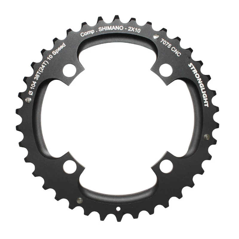 Plateau VTT 4 branches Ø 104 Pour Shimano Stronglight Double 38 dents Extérieur Noir 2X10V. (Sauf Xt-Xtr) Non Filete 10V. - Épaisseur 5 mm