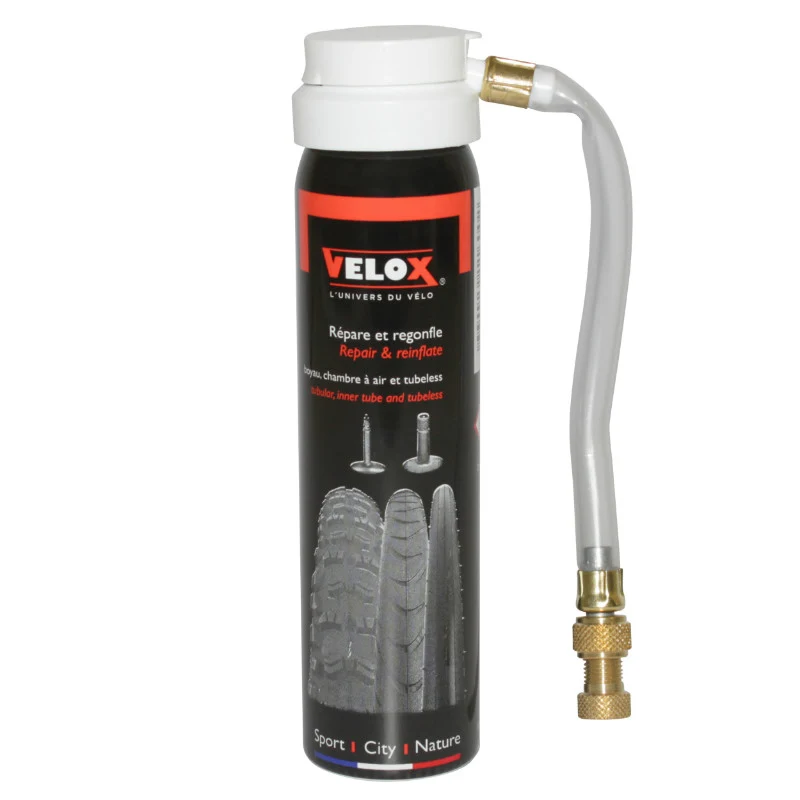 Bombe Anti-Crevaison Velox Chambre - Boyau - Pneu Tubeless Presta-Schrader (75Ml)