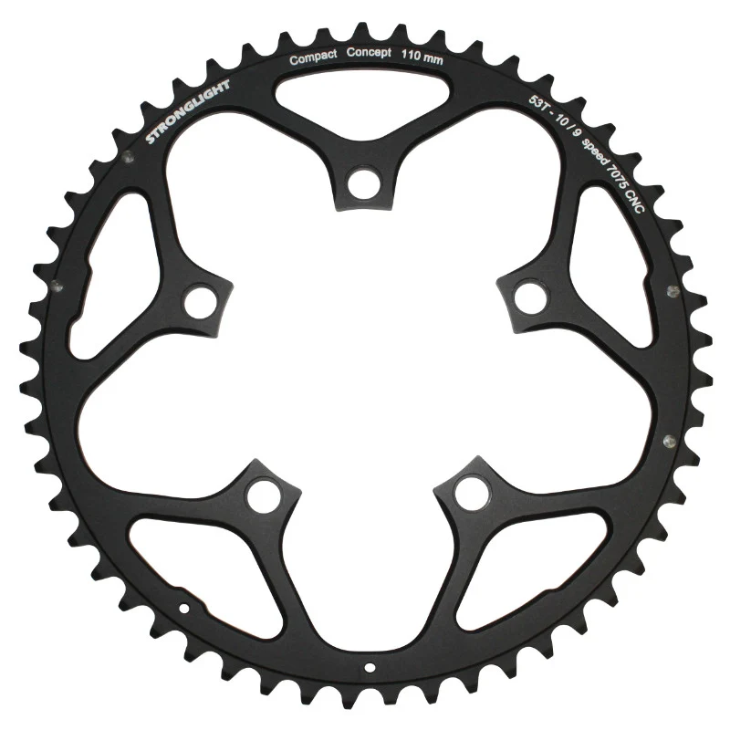 Plateau Route 5 branches Ø 110 Stronglight 53 dents Extérieur Noir Alu 7075 Type Shimano 9-10V.