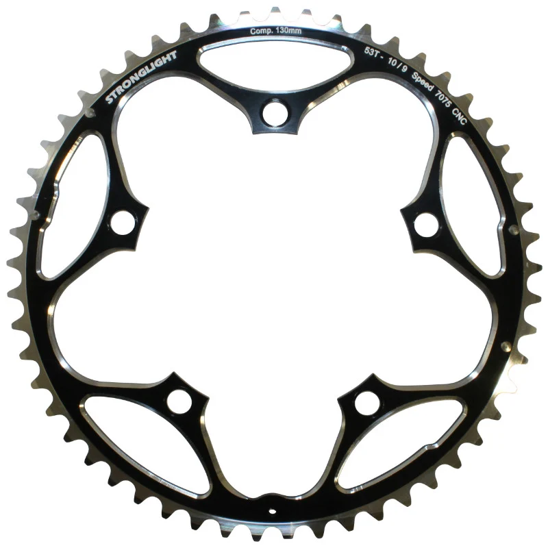 Plateau Route 5 branches Ø 130 Stronglight 53 dents Extérieur Noir Alu 7075 Type Shimano 11-10V.